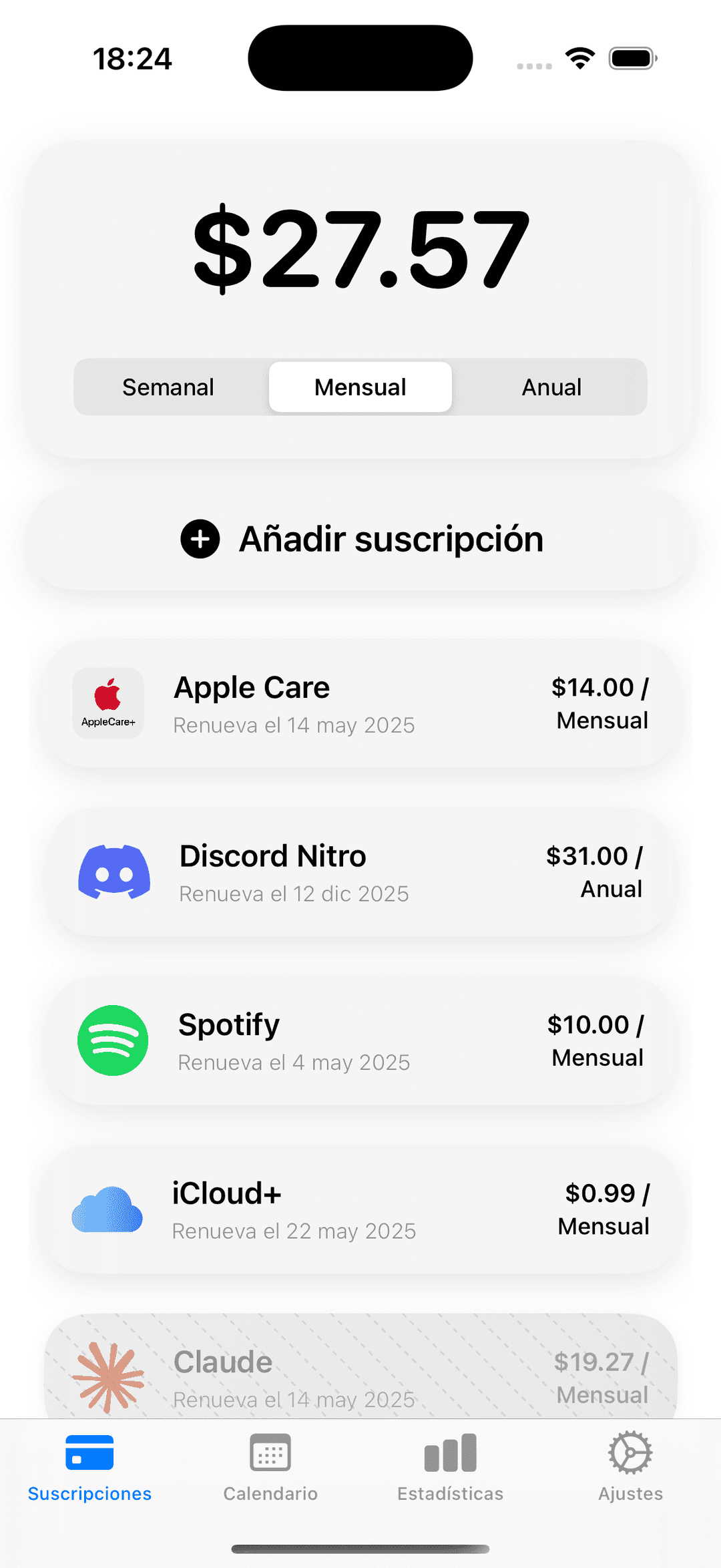 mySubs subscription list view screenshot (current)